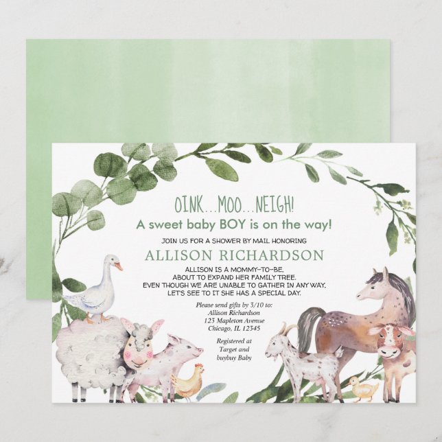 Shower by mail Farm Barnyard animals baby boy Invitation (Front/Back)