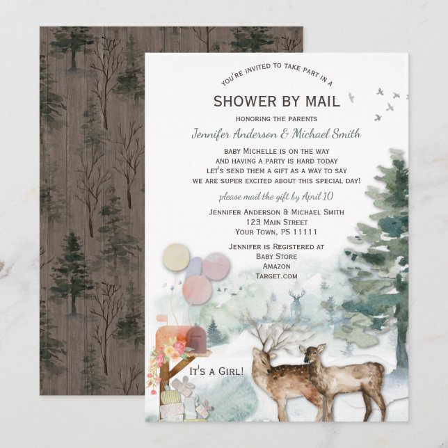 Shower by Mail Forest Woodland Girl Baby Invitation (Front/Back)