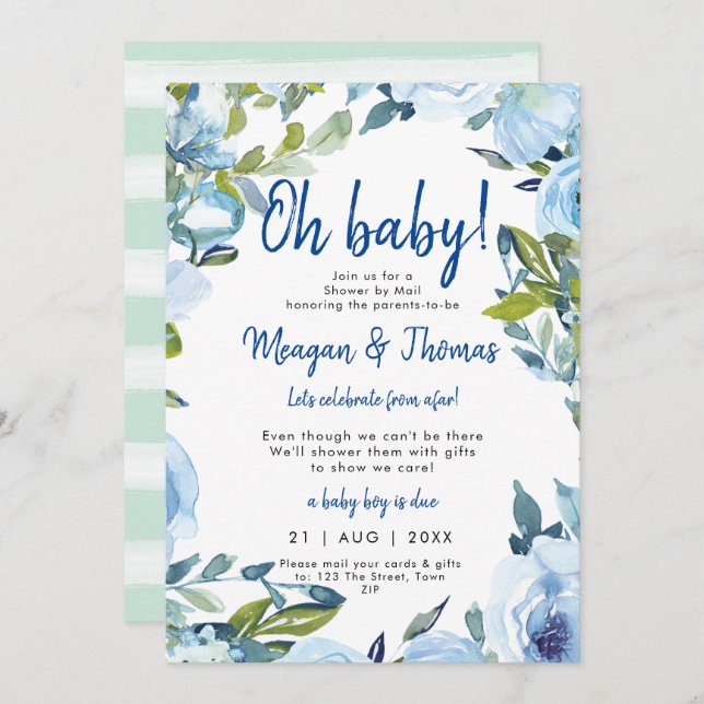shower by mail from afar blue baby shower invitation (Front/Back)