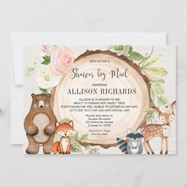 Shower by mail girl woodland animals baby shower invitation (Front)