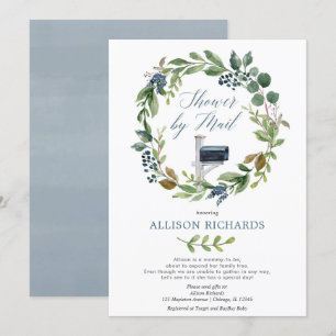 Shower by mail greenery dusty navy blue floral boy invitation