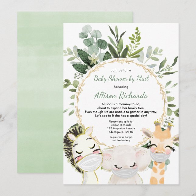 Shower by mail greenery gender neutral animals invitation (Front/Back)