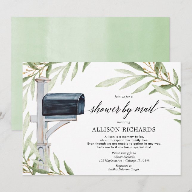 Shower by mail greenery gold gender neutral baby invitation (Front/Back)