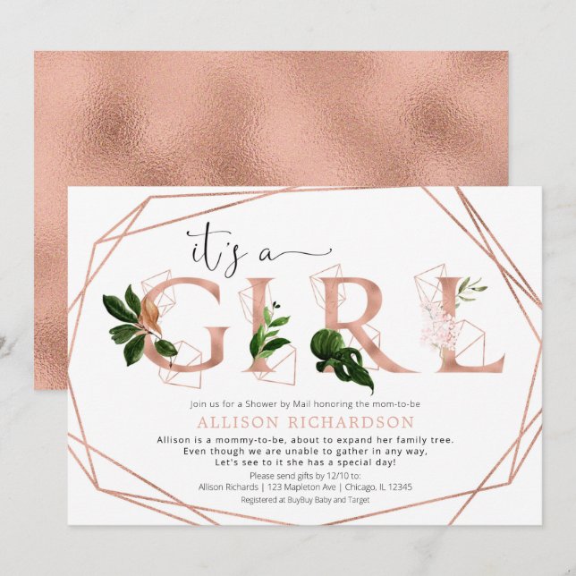 Shower by Mail It's a Girl rose gold greenery Invitation (Front/Back)
