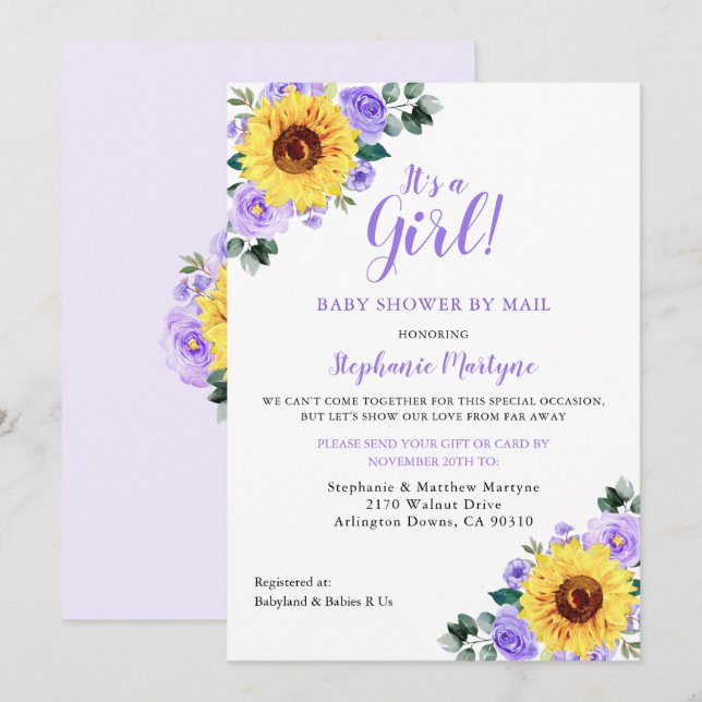 Shower By Mail Its A Girl Sunflower Purple Floral Invitation (Front/Back)