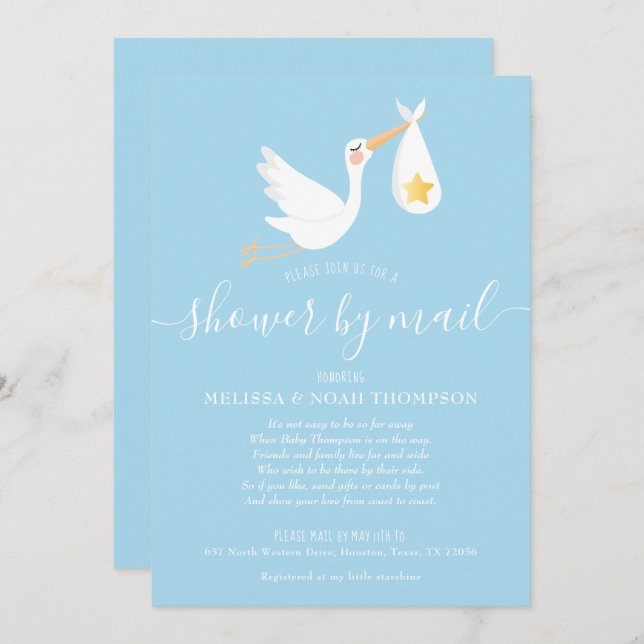 Shower By Mail Long Distance Stork Blue Invitation (Front/Back)