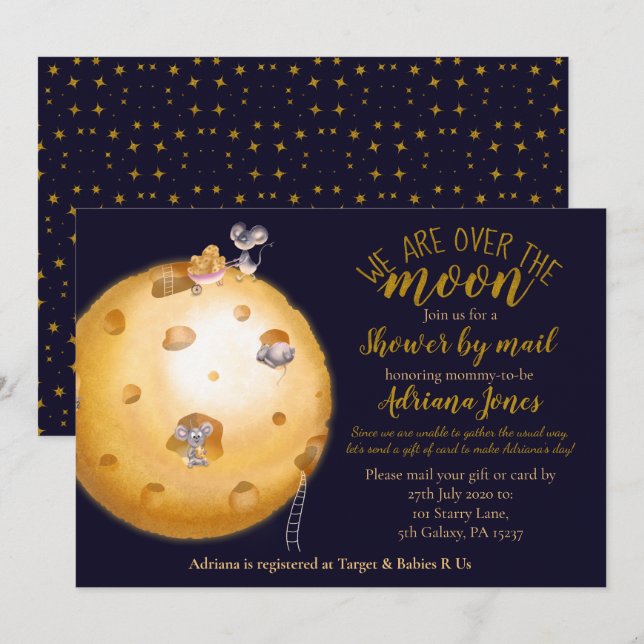 Shower by mail, moon made of cheese, gold glitter invitation (Front/Back)