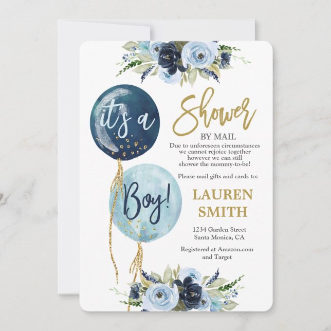 Shower by Mail Navy blue balloon baby shower boy Invitation (Front)