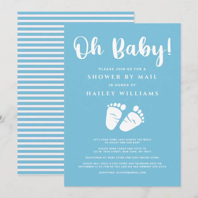 Shower by Mail Oh Baby Boy Feet Blue White Invitation (Front/Back)