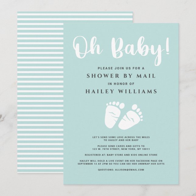 Shower by Mail Oh Baby Feet Light Mint White Invitation (Front/Back)
