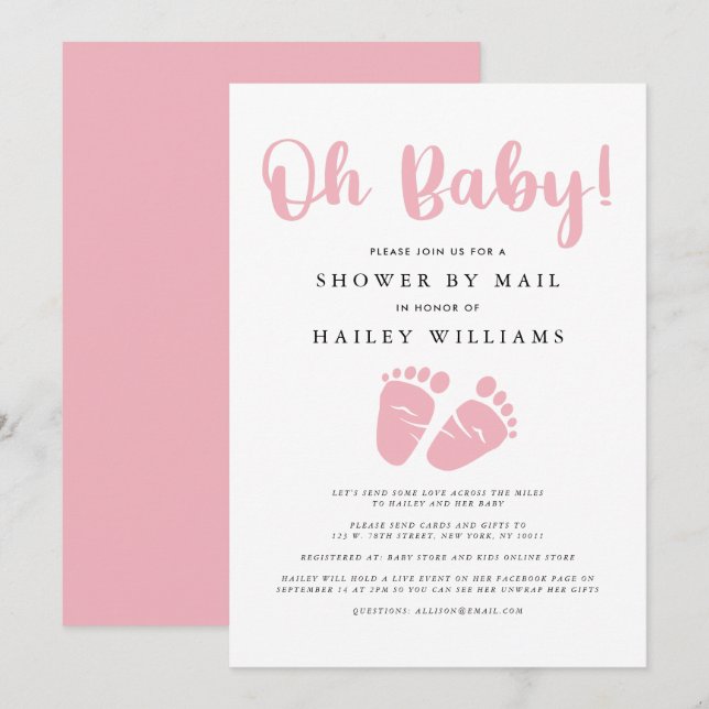 Shower by Mail | Oh Baby Girl Pink Baby Feet Invitation (Front/Back)