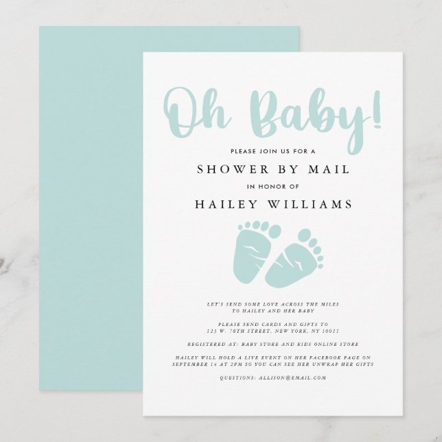 Shower by Mail | Oh Baby Mint Green Baby Feet Invitation (Front/Back)