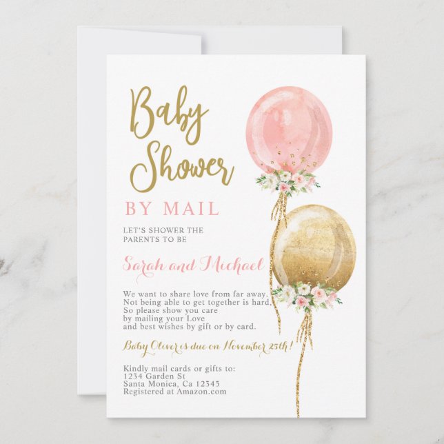 Shower by mail pink and gold balloons girl invitation (Front)
