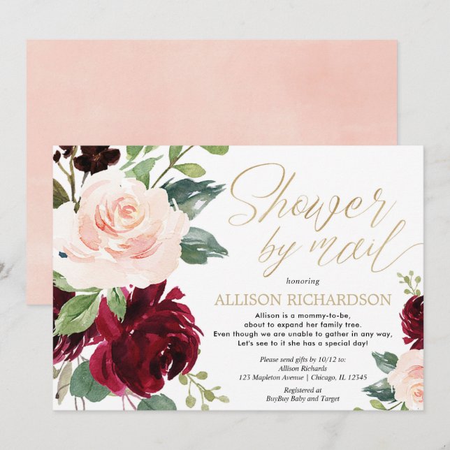 Shower by mail pink gold burgundy floral girl baby invitation (Front/Back)