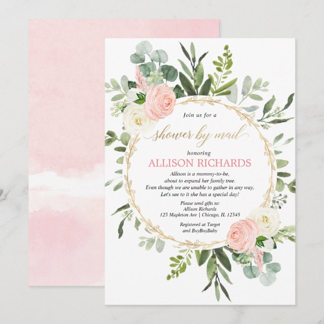 Shower by mail pink gold greenery baby shower invitation (Front/Back)