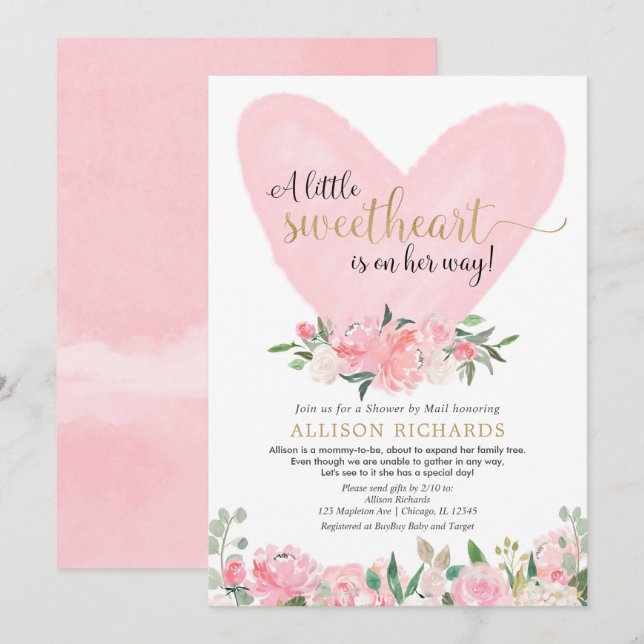 Shower by mail pink gold Valentines Day girl baby Invitation (Front/Back)