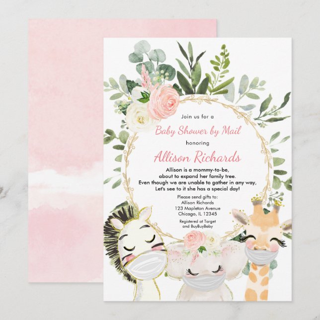 Shower by mail pink greenery gold girl baby shower invitation (Front/Back)