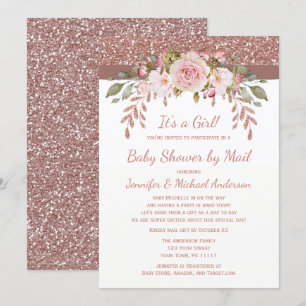 Shower by Mail Pink Rose Gold Glitter Girl Baby Invitation