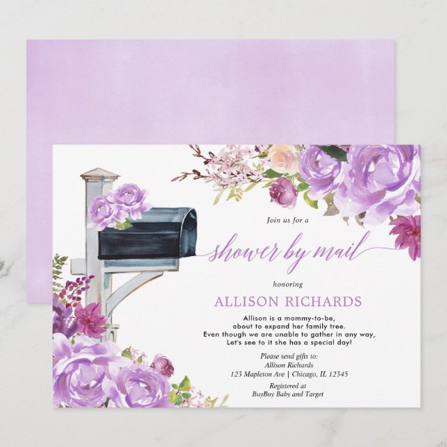 Shower by mail purple floral girl baby shower invitation (Front/Back)