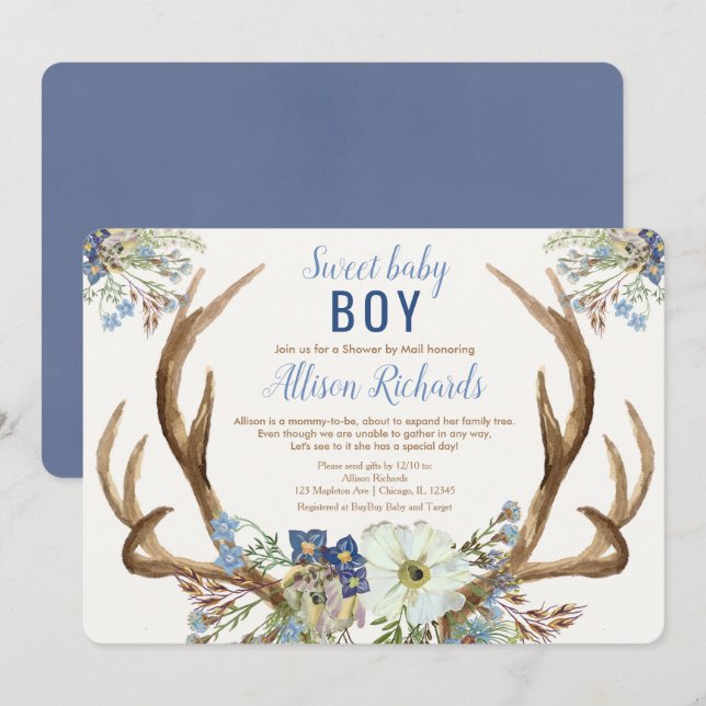 Shower by mail Rustic antlers blue floral boy baby Invitation (Front/Back)