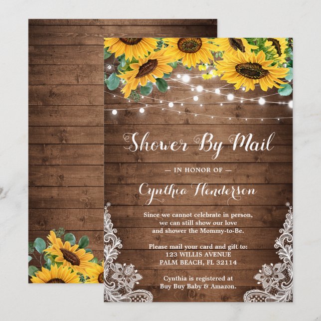 Shower By Mail Rustic Lights Sunflower Eucalyptus Invitation (Front/Back)