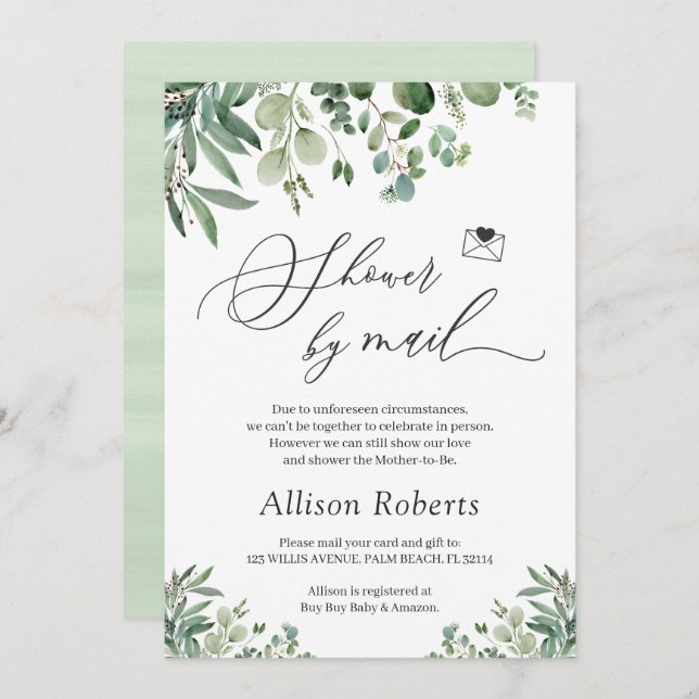 Shower By Mail Script Greenery Eucalyptus Leaves Invitation (Front/Back)