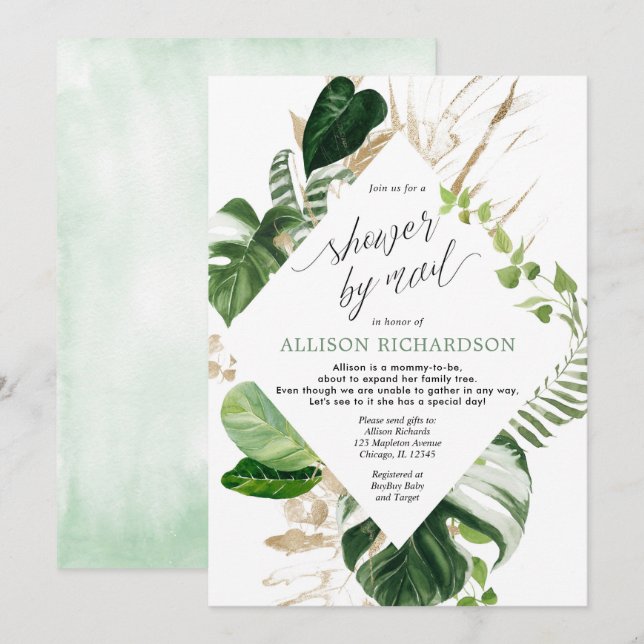 Shower by mail tropical green gold baby shower invitation (Front/Back)