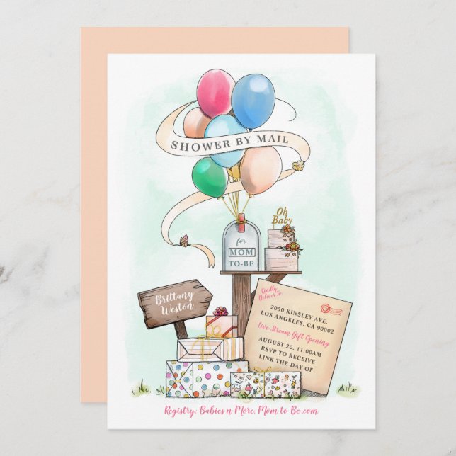 Shower By Mail Virtual Baby Shower Balloon Mailbox Invitation (Front/Back)