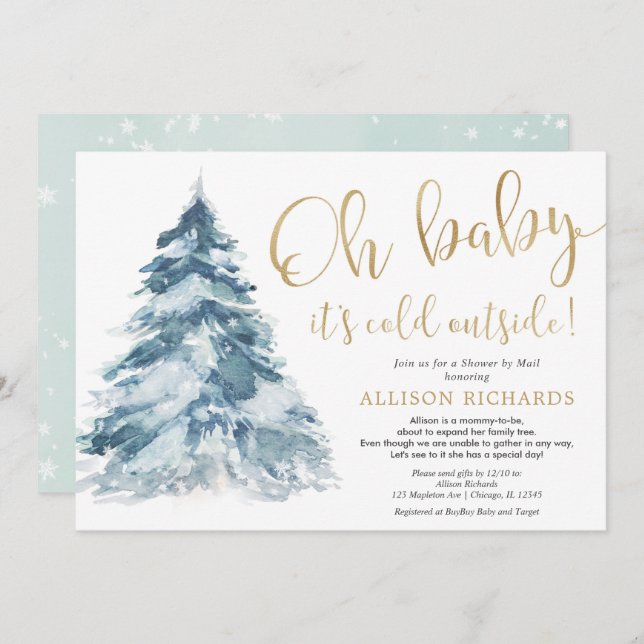 Shower by mail winter gold white snow baby shower invitation (Front/Back)