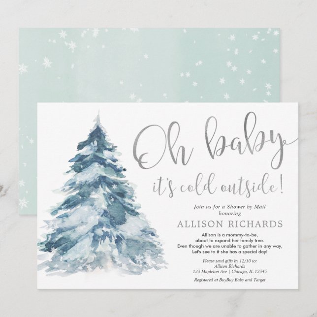 Shower by mail winter silver white baby shower invitation (Front/Back)