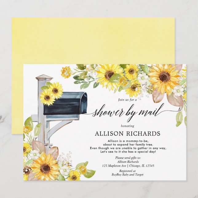 Shower by mail yellow sunflowers green baby shower invitation (Front/Back)