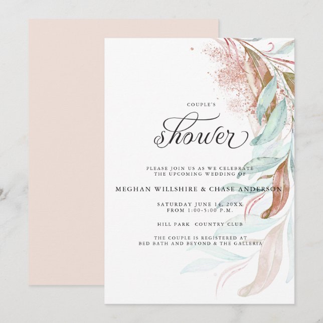 SHOWER | Copper Aqua Teal Cascading Foliage Invitation (Front/Back)