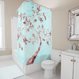 Shower curtain Abstract aqua bird pink