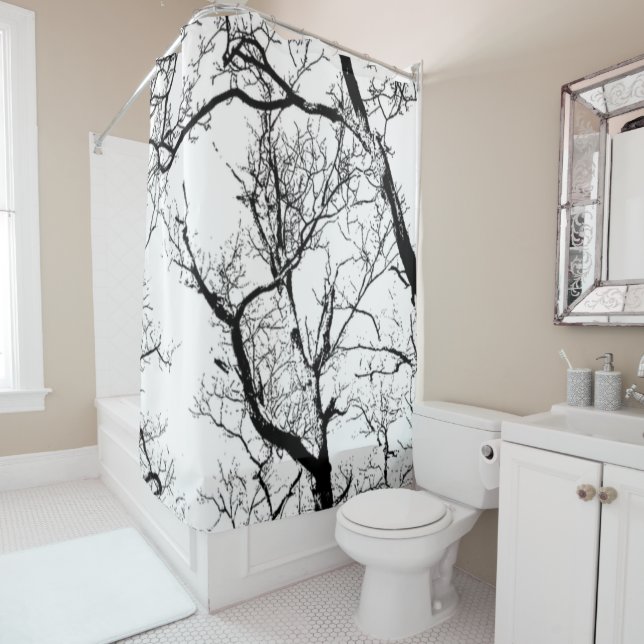 Shower curtain abstract black white moon tree (In Situ)