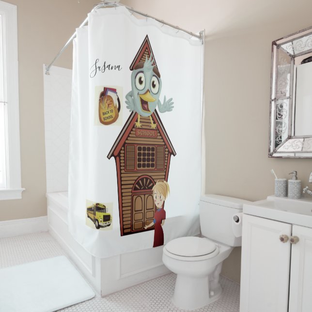 Shower Curtain Back to School Teacher Bus (In Situ)