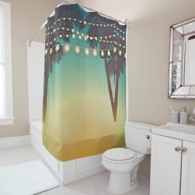 Shower Curtain Beach Sunset Palm Tree String Light (In Situ)
