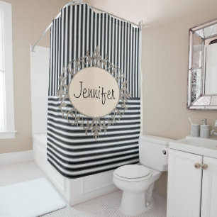 Shower Curtain Beige Black Stripe