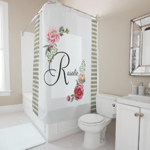 Shower Curtain Beige Brown Stripe Floral