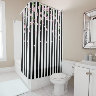 Shower Curtain Black & White Stripe Floral 