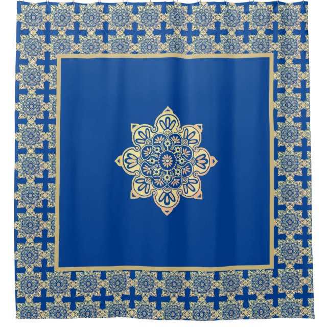 Shower Curtain blue and gold medallion (Front)