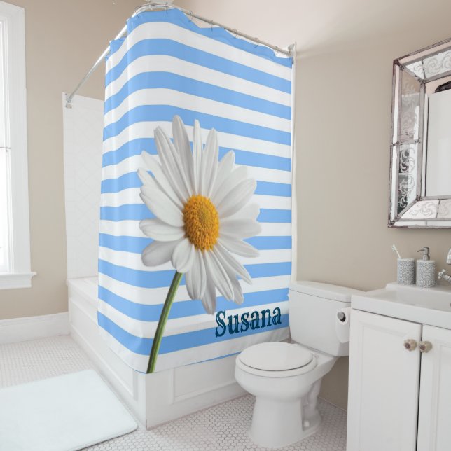Shower Curtain Blue and White Stripe White Daisy (In Situ)