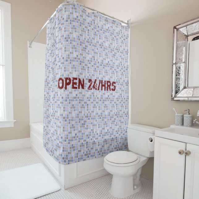 Shower Curtain Blue Brown Open 24 hrs (In Situ)