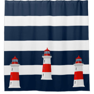 Shower Curtain - Blue Stripes Lighthouse