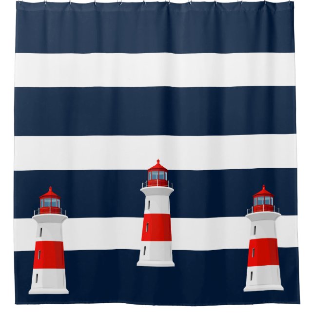 Shower Curtain - Blue Stripes Lighthouse (Front)
