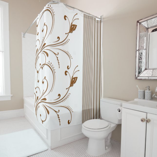 Shower Curtain Brown Floral Stripe (In Situ)