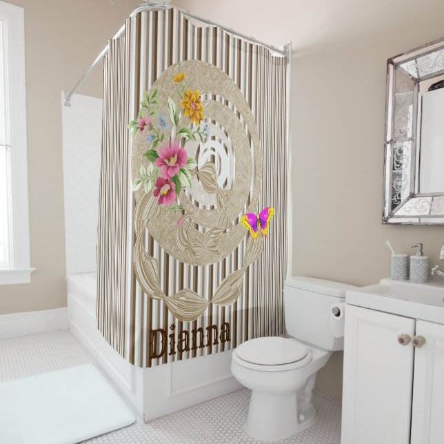Shower Curtain Butterfly Floral Brown Stripe (In Situ)