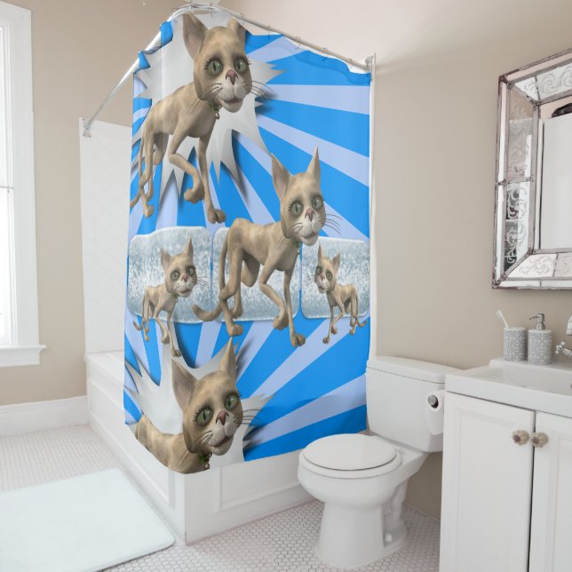 Shower Curtain Cat Kitten Blue (In Situ)