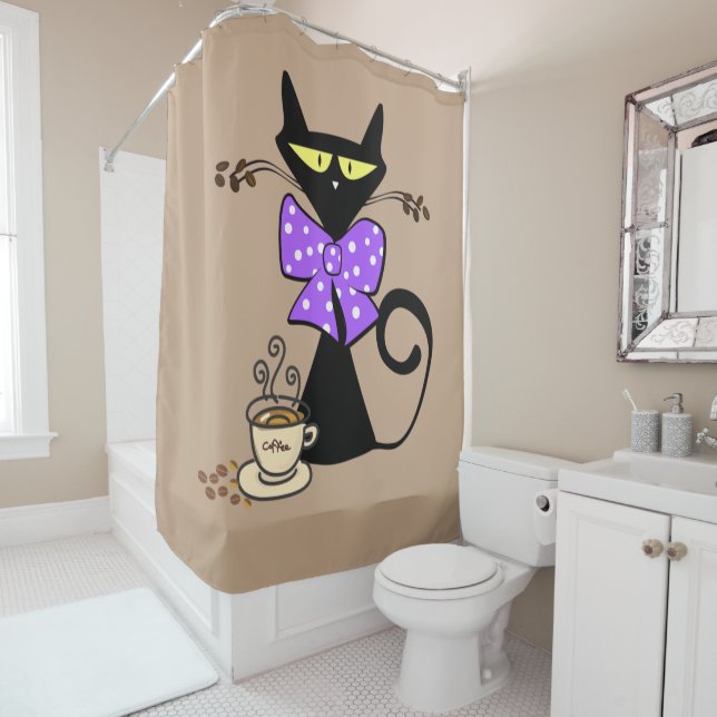 Shower Curtain Cat Purple Bow Coffee Beige (In Situ)