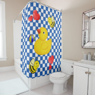 Shower Curtain, Chequered blue white yellow duck Curtain