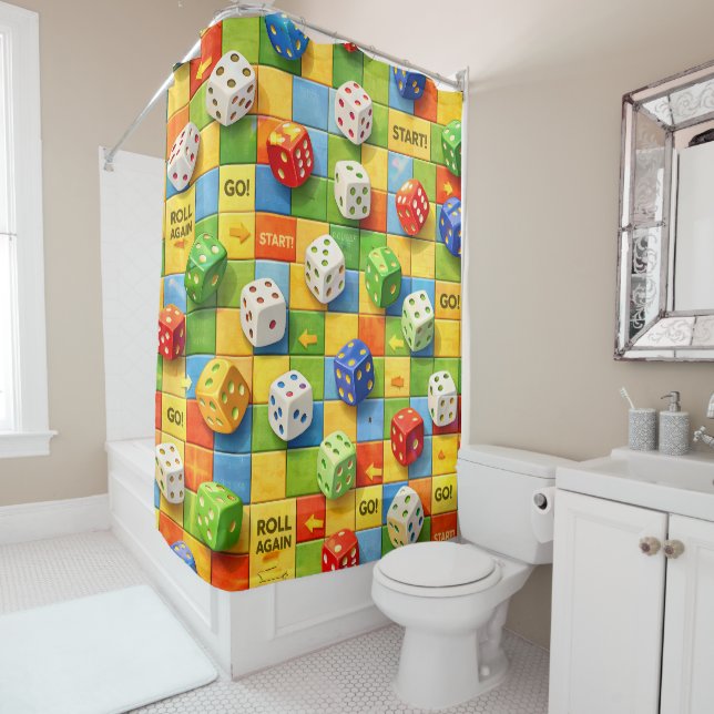 Shower curtain, colourful board game dice pattern  curtain (In Situ)